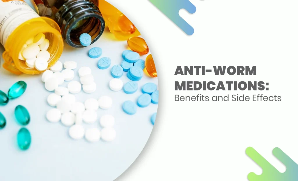 Bottles of anti-worm medication pills in various colors spilled on a white surface.