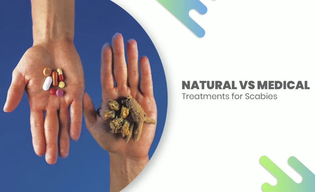 Hands showing natural herbs vs medical pills for scabies treatment comparison.