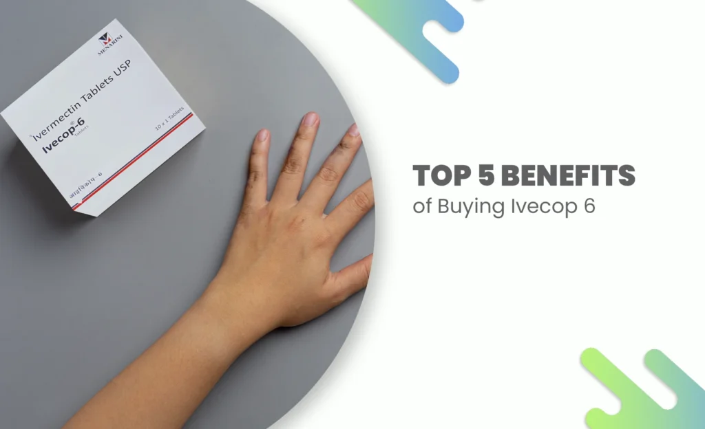 Hand next to a box of Iveocop 6 Ivermectin Tablets with text “Top 5 Benefits of Buying Iveocop 6” on a clean background.