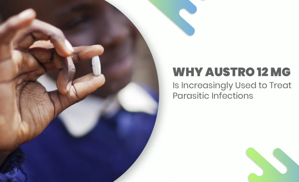 Person holding a white tablet, representing Austro 12 Mg used for treating parasitic infections.