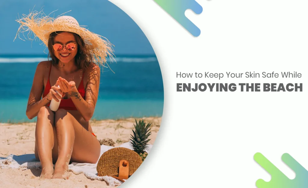 Woman applying sunscreen at the beach, wearing a straw hat and sunglasses, with the sea in the background – skincare and sun protection concept