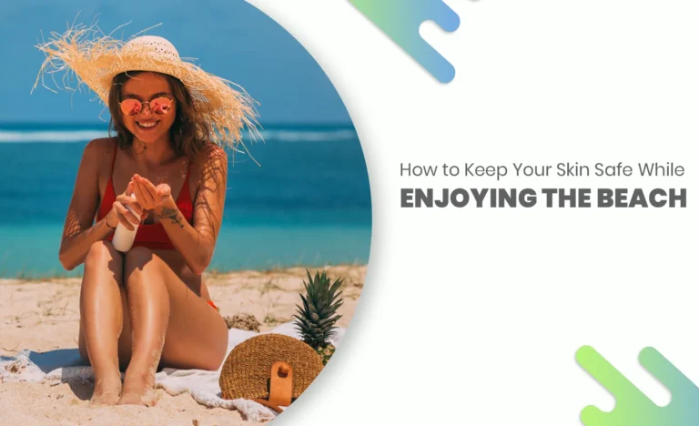 Woman applying sunscreen at the beach, wearing a straw hat and sunglasses, with the sea in the background – skincare and sun protection concept