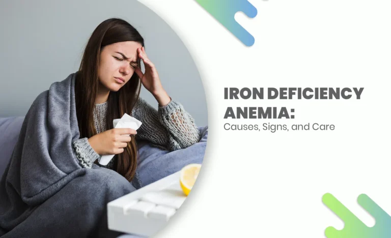Young woman feeling unwell with headache, covered in blanket, symbolizing symptoms of iron deficiency anemia.