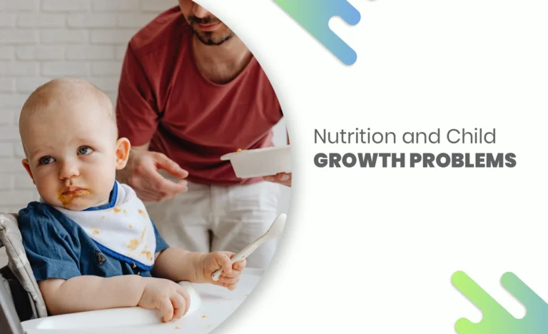 Baby eating food with caregiver’s help – highlighting child nutrition and growth problems.