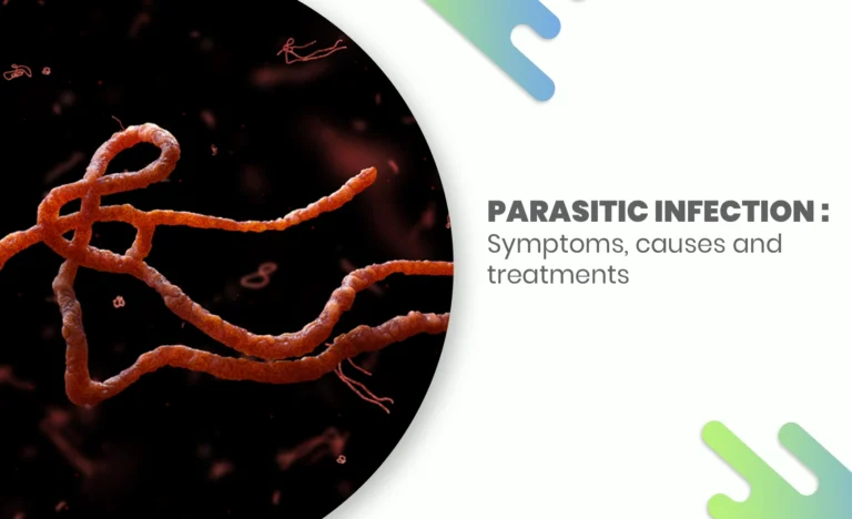 Parasitic infection illustration with symptoms, causes, and treatments highlighted.