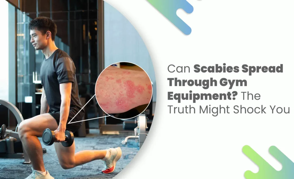Man exercising in gym with highlighted skin rash showing possible scabies concern