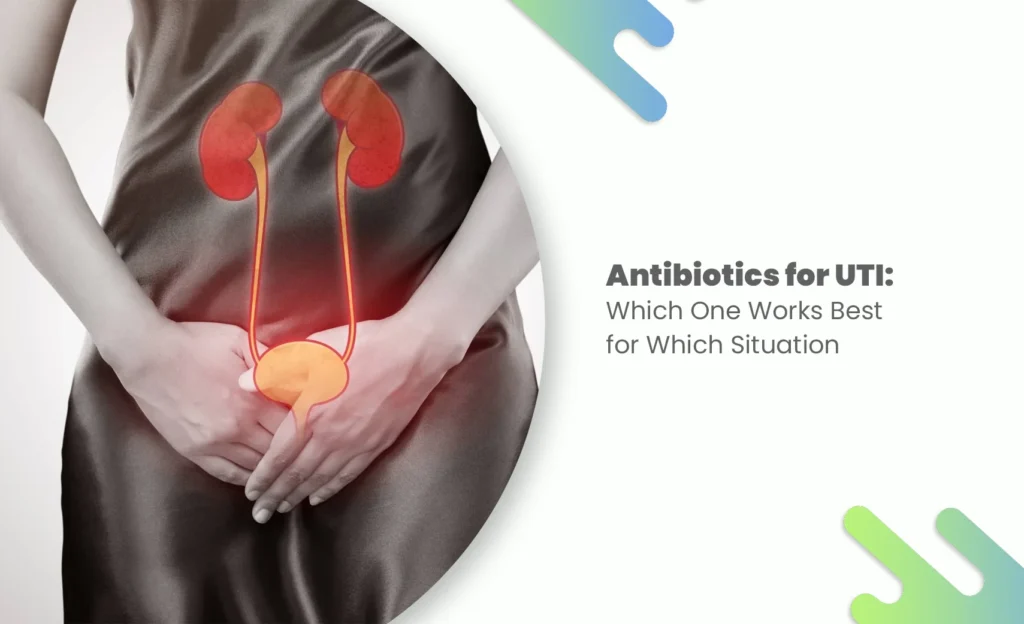 Woman holding lower abdomen with glowing red kidneys and bladder highlighting UTI pain