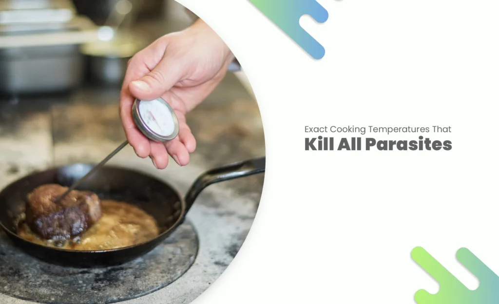 Cooking temperatures to kill parasites: chef checks steak internal temp with meat thermometer