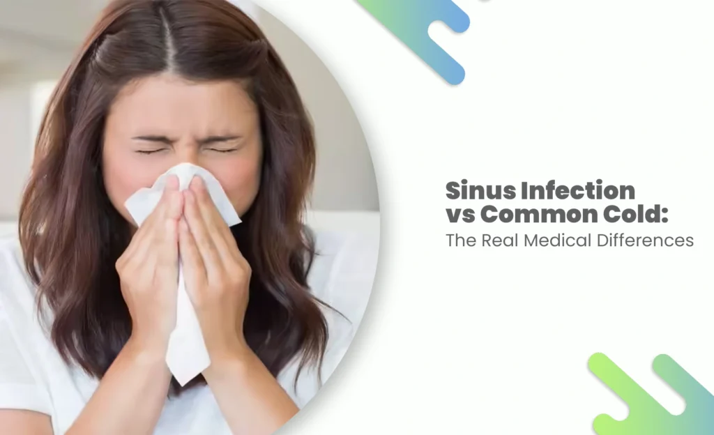 Woman with sinus pain blowing nose, suffering from sinus infection or common cold symptoms