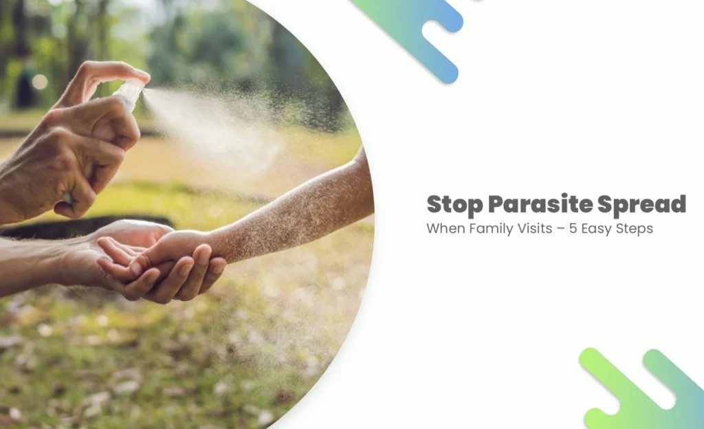 Adult spraying sanitizer on child's hands to prevent parasites during family visits