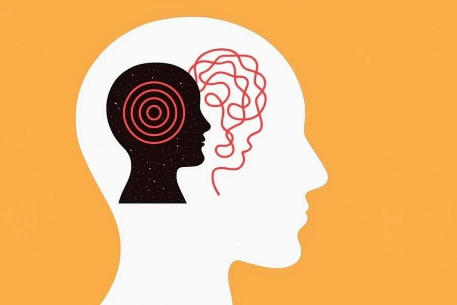 Illustration of a human head silhouette with an inner profile showing target circles and tangled lines, symbolizing mental focus and confusion.