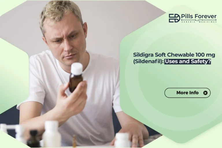 "Man checking medication bottle – Sildigra Soft Chewable 100 mg (Sildenafil) uses and safety info by Pills Forever."