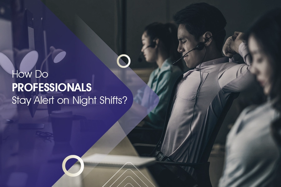 Call center professionals working night shifts staying alert at their desks, with one person stretching to stay awake.