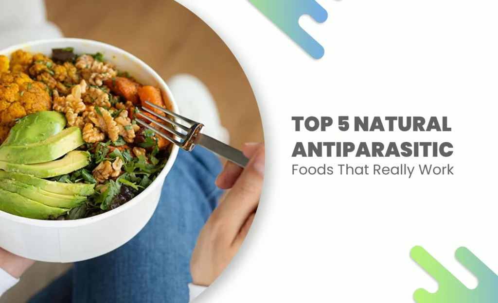 Bowl of natural antiparasitic foods like avocado, walnuts, and herbs.