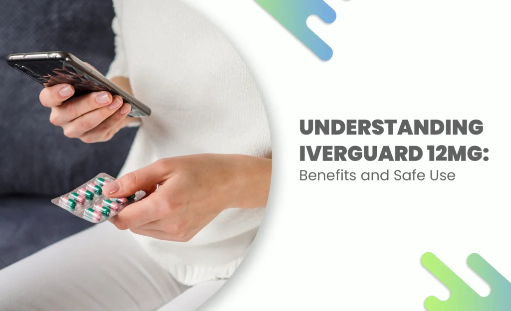 Person researching Iverguard 12mg on a smartphone while holding tablets, highlighting safe use for parasitic infections.