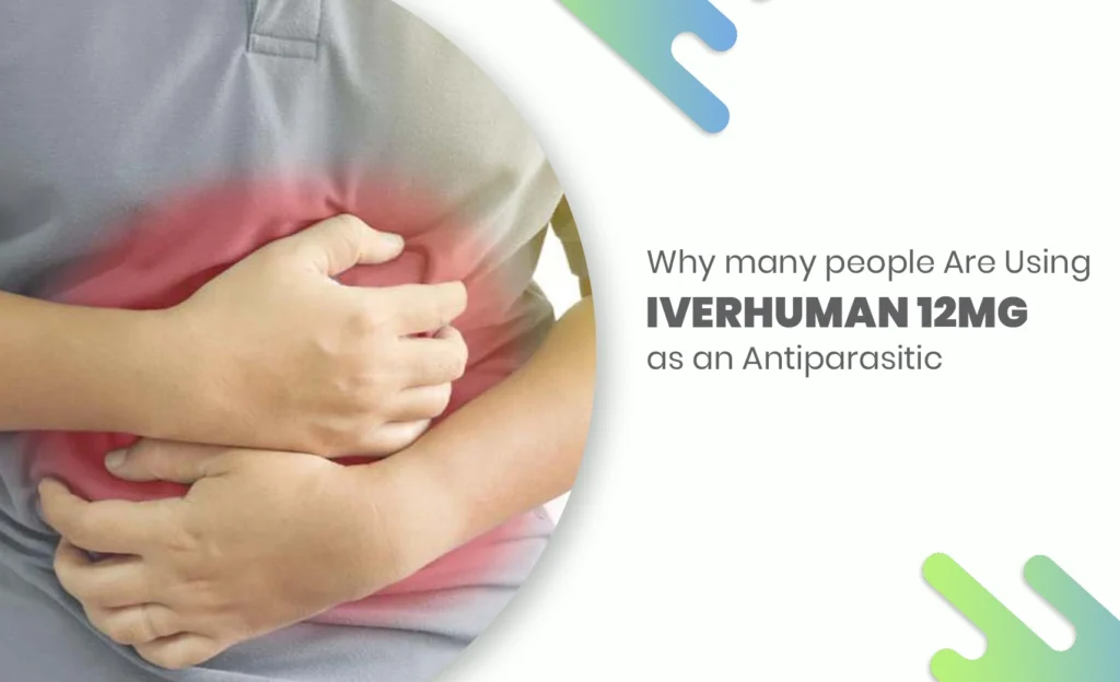 Person clutching stomach, highlighting abdominal pain possibly from parasitic infection, promoting use of Iverhuman 12mg antiparasitic treatment.