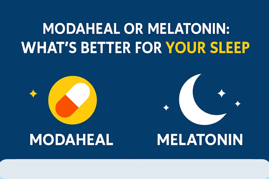 Comparison infographic of Modaheal vs. Melatonin effects on sleep.