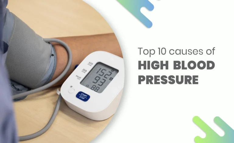 Blood pressure monitor showing high reading with text "Top 10 causes of high blood pressure