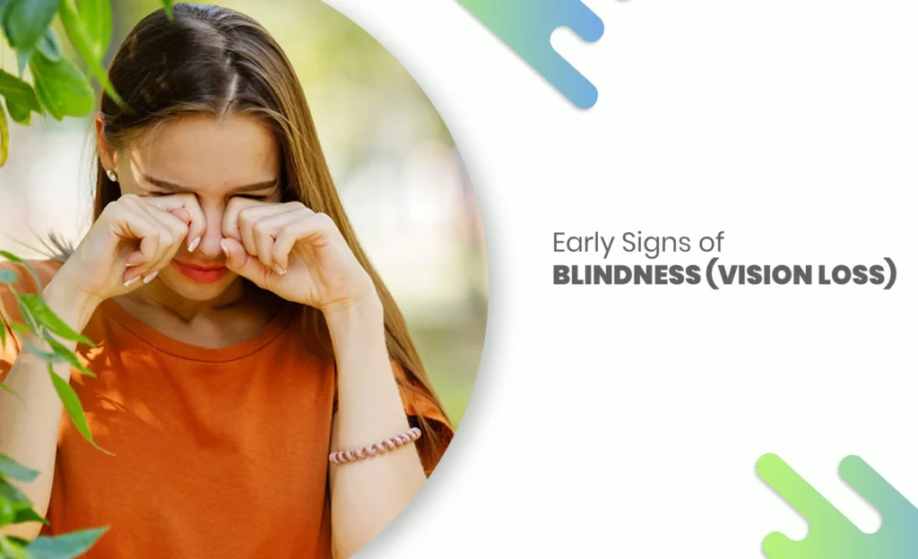 Woman rubbing her eyes, representing early signs of blindness and vision loss awareness
