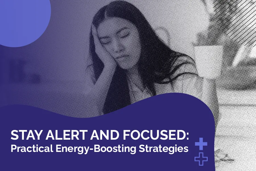Sleepy woman struggling to stay awake at work with coffee cup, representing energy-boosting strategies to stay alert and focused.