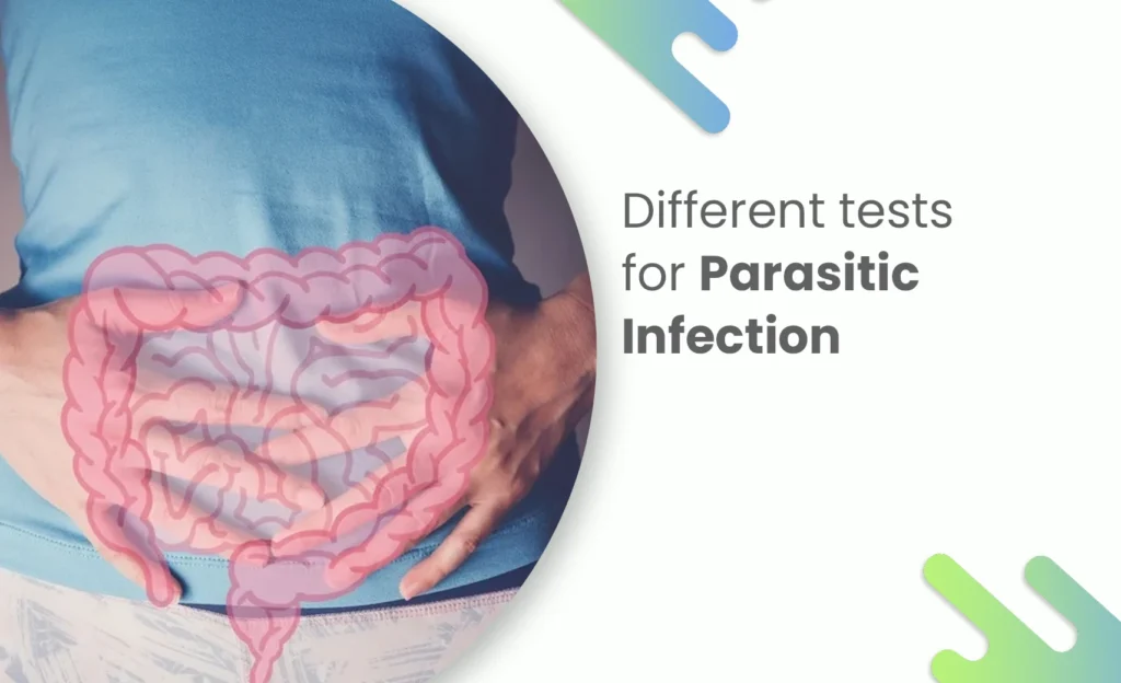 Person holding stomach showing intestinal diagram indicating parasitic infection.