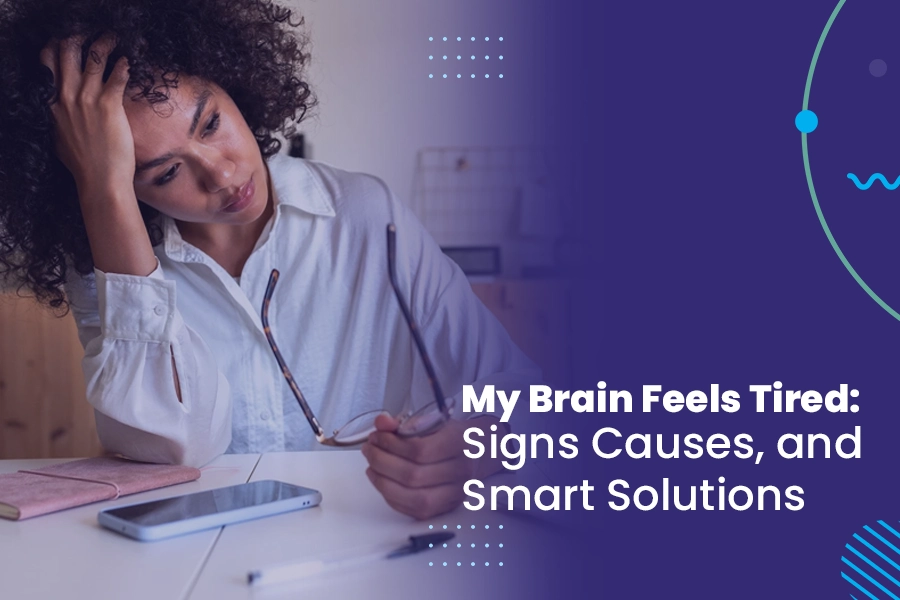 Overworked woman struggling with concentration, featured in article about how to overcome brain tiredness and improve mental energy.