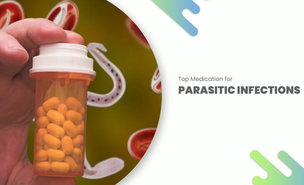 Hand holding medicine bottle for parasitic infection treatment