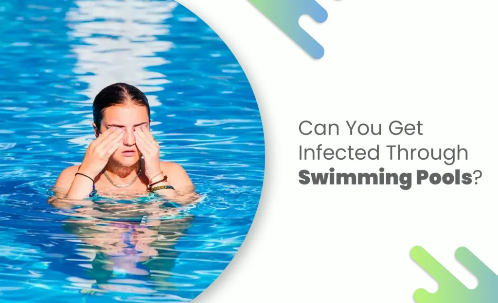Woman rubbing her eyes while swimming in a pools.