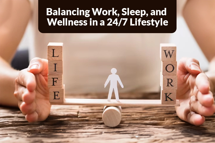 Work, sleep, and wellness balance concept with a figure centered between life and work blocks.