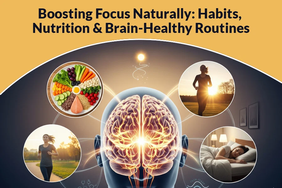 boosting focus naturally, featuring a central brain image connected to healthy eating, physical activity, meditation, outdoor movement, and restorative sleep.