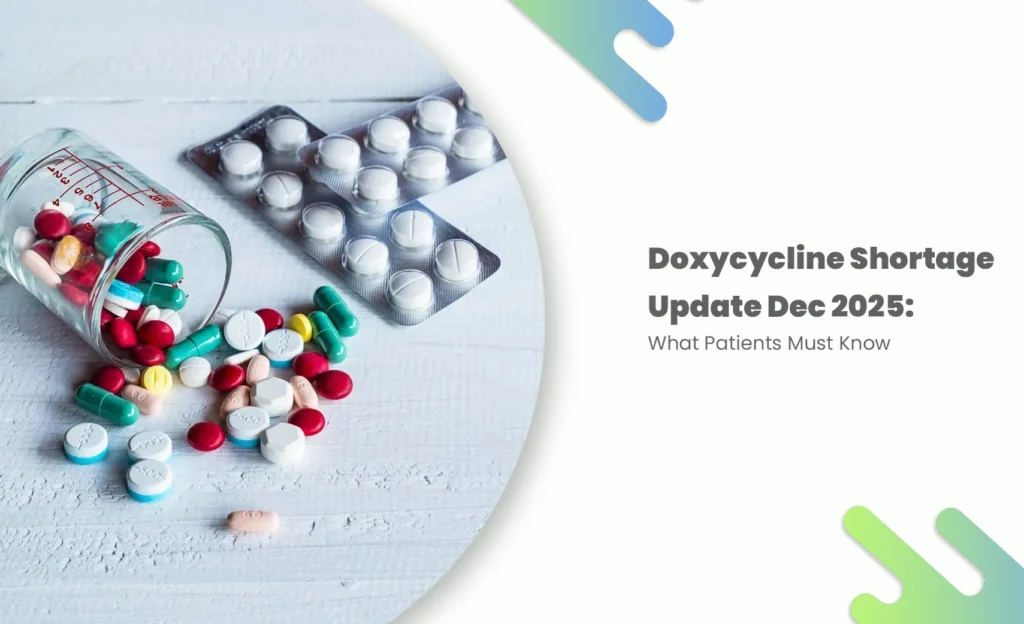 Spilled colorful antibiotic pills and blister packs illustrating doxycycline shortage Dec 2025