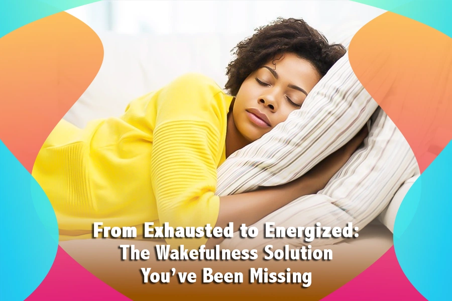 Woman resting peacefully on a bed with soft, colorful graphics that convey a gentle shift from exhausted to energized