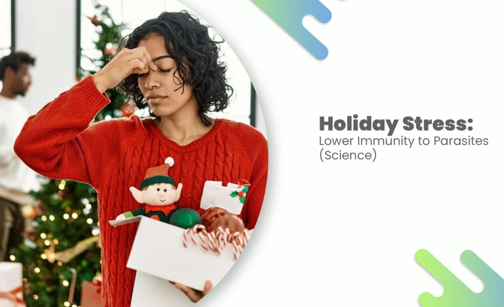 Stressed tired woman during holiday stress parasites season holding gifts by Christmas tree