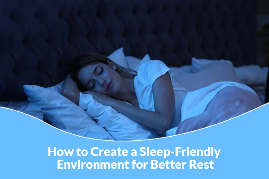 Woman sleeping peacefully in a calm, dark bedroom creating a Sleep-Friendly Environment for Better Rest