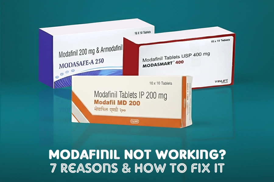 Various Modafinil medication boxes displayed on a teal background