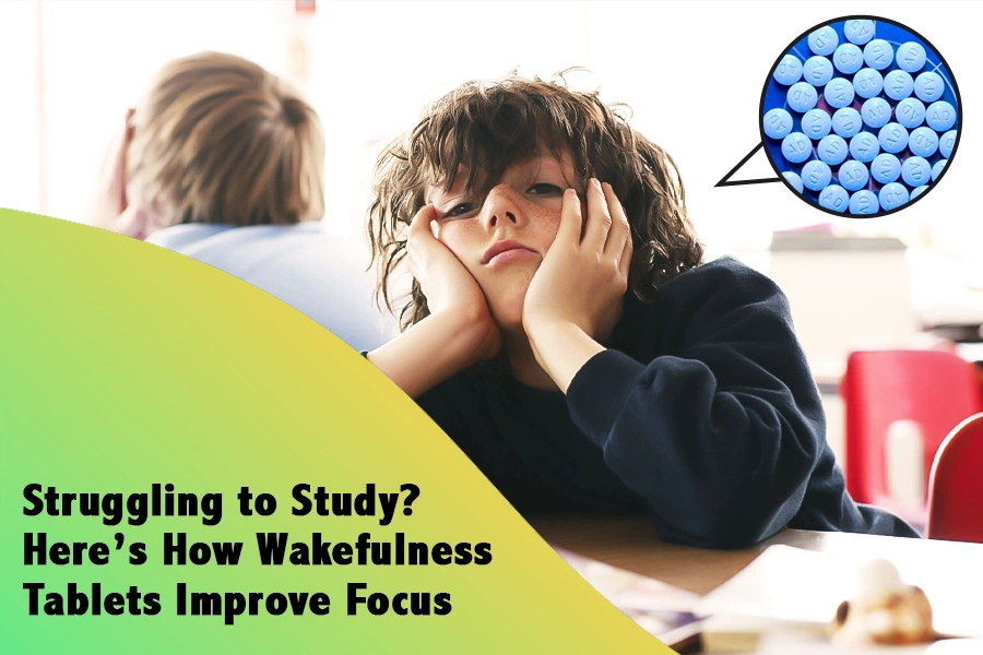 Child sitting in a classroom looking tired and bored with head in hands, alongside blue wakefulness tablets.