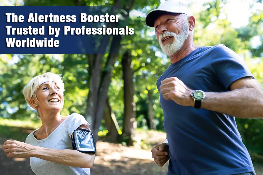 an older man and woman jogging together in a sunny park with Alertness