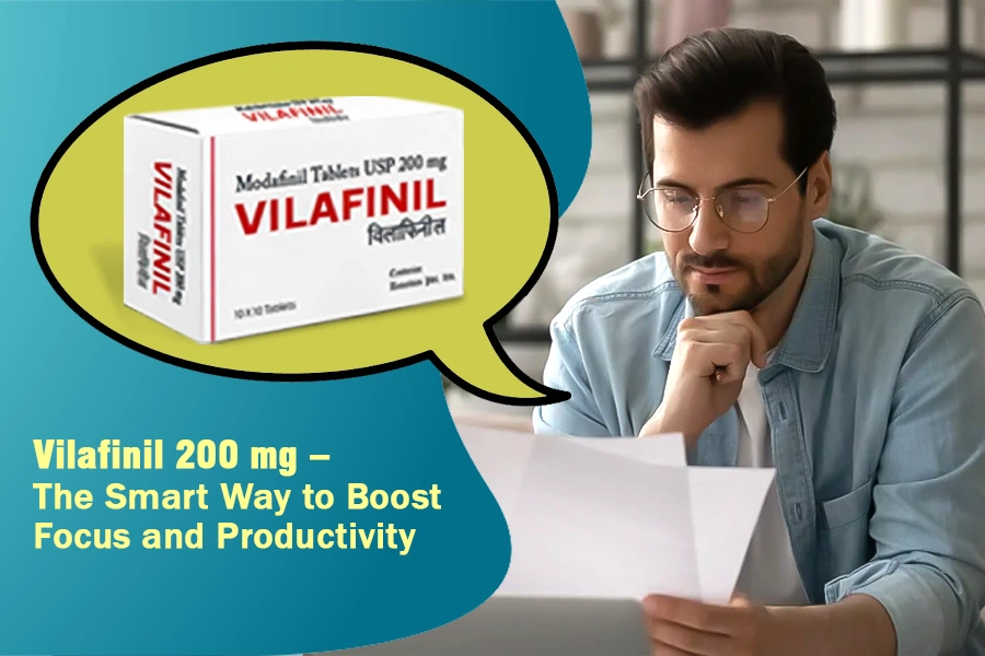 Man working while thinking about Vilafinil 200 mg Modafinil tablets.