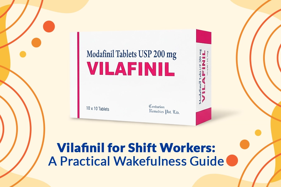 Vilafinil modafinil tablets 200 mg packaging promoting a practical wakefulness guide for shift workers.