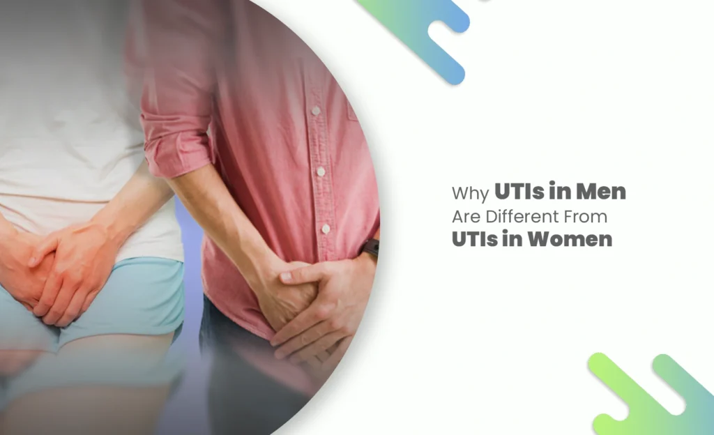 People holding their lower abdomen, representing UTIs in men and women.