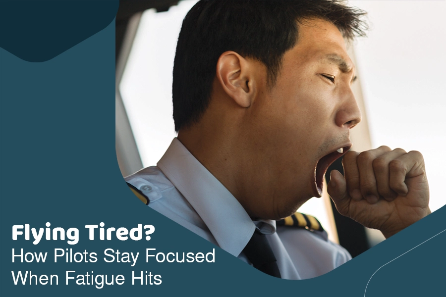 Pilot yawning in an airplane cockpit, showing fatigue during flight duty