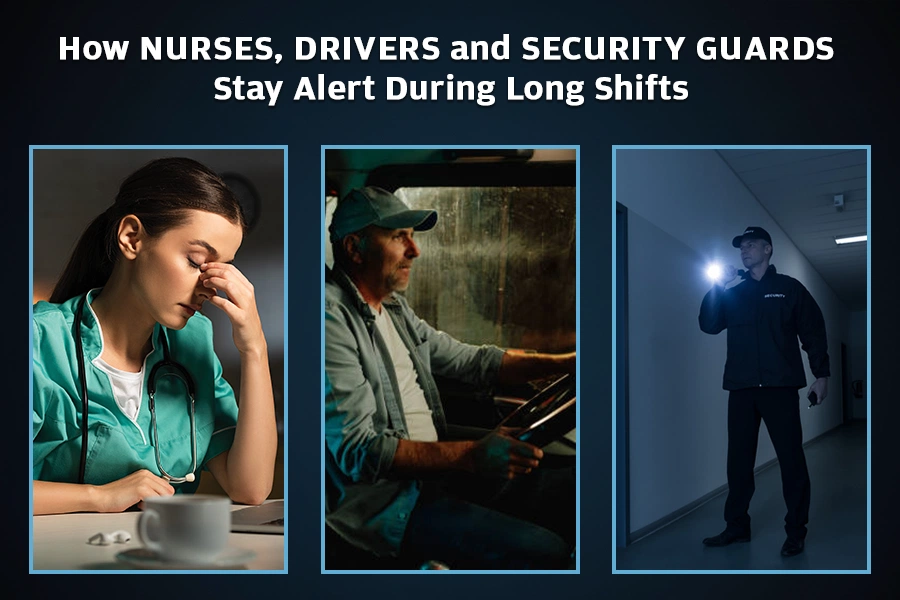 Collage showing a tired nurse, a long-haul driver, and a security guard working during long shifts