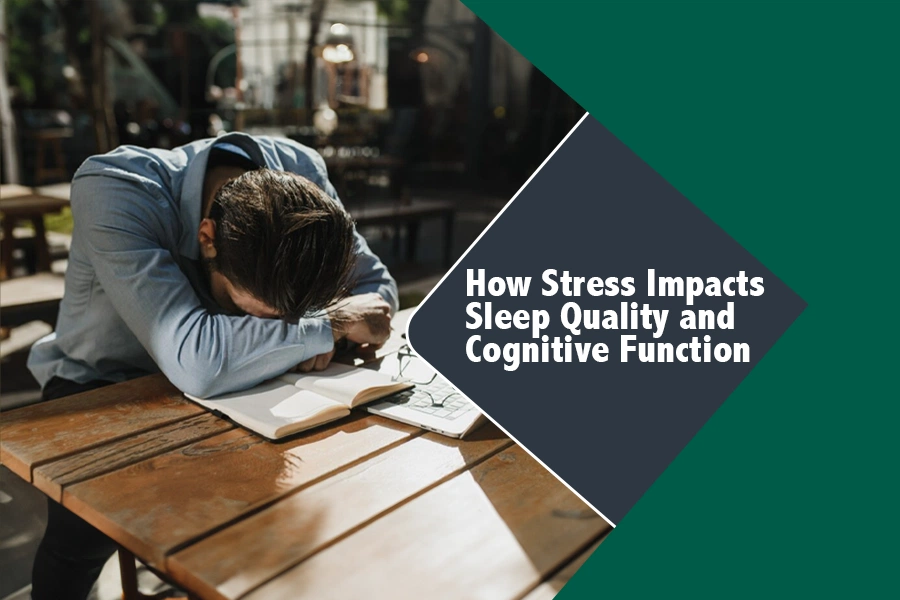 A stressed man leaning on a table with a notebook, related to stress, sleep quality, and cognitive function.
