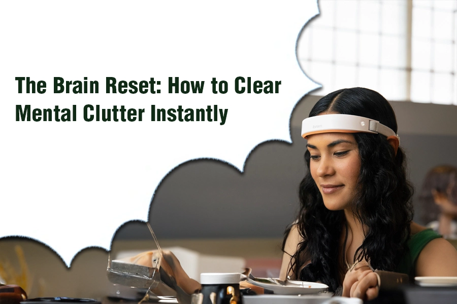 Focused woman using a wearable brain device at a table for getting mental clarity and the concept of resetting the mind.