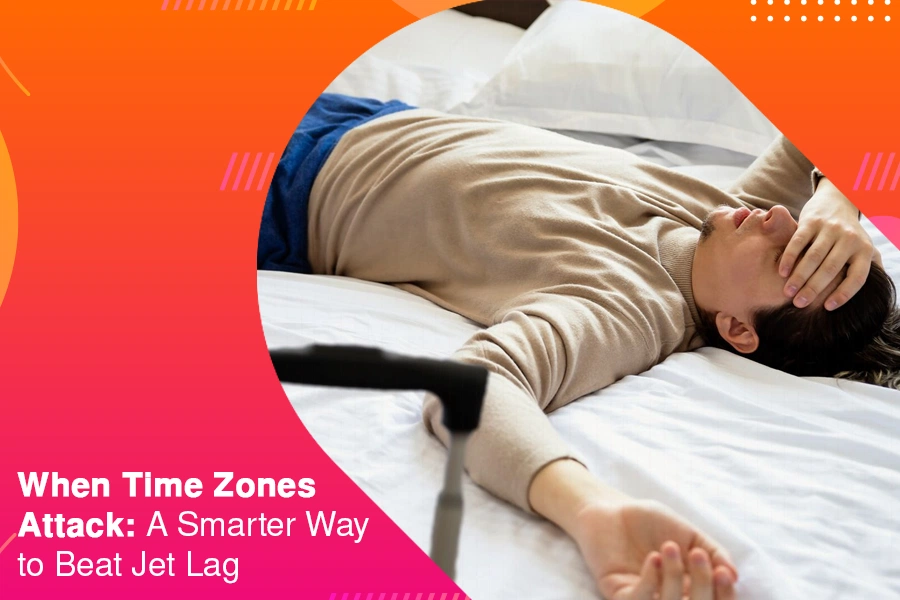 Exhausted traveler resting on a bed after long-distance travel