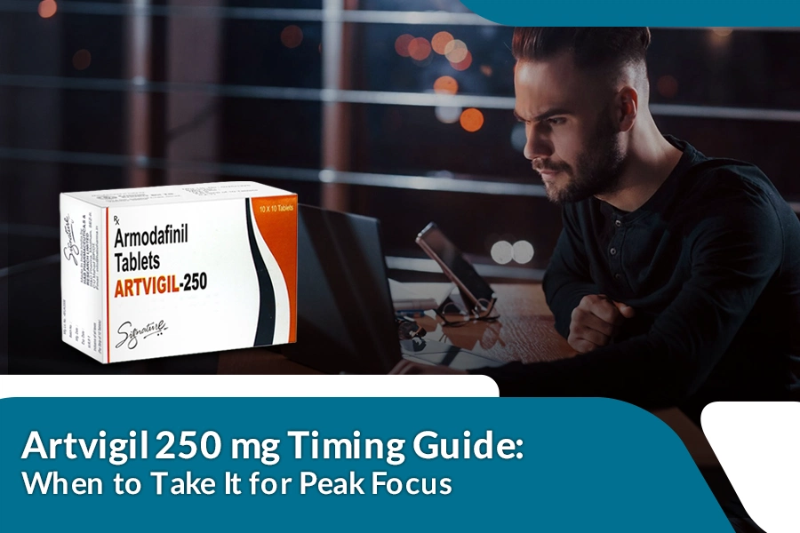 Artvigil 250 mg tablets with man working late on laptop for focus