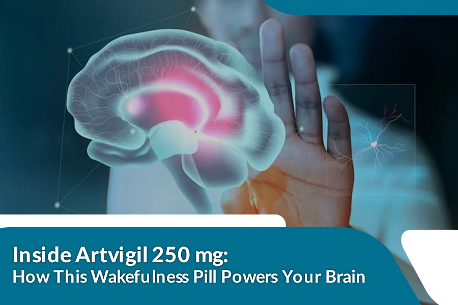glowing brain highlighting alertness and focus, representing Artvigil 250 mg effects.